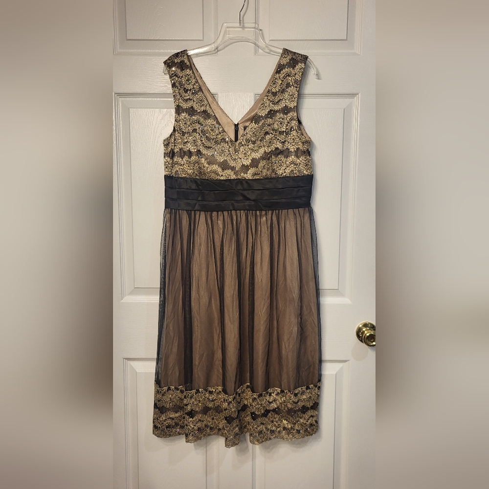 Jessica Howard Evenings Gold and Black Sleeveless Lace Cocktail Dress 16